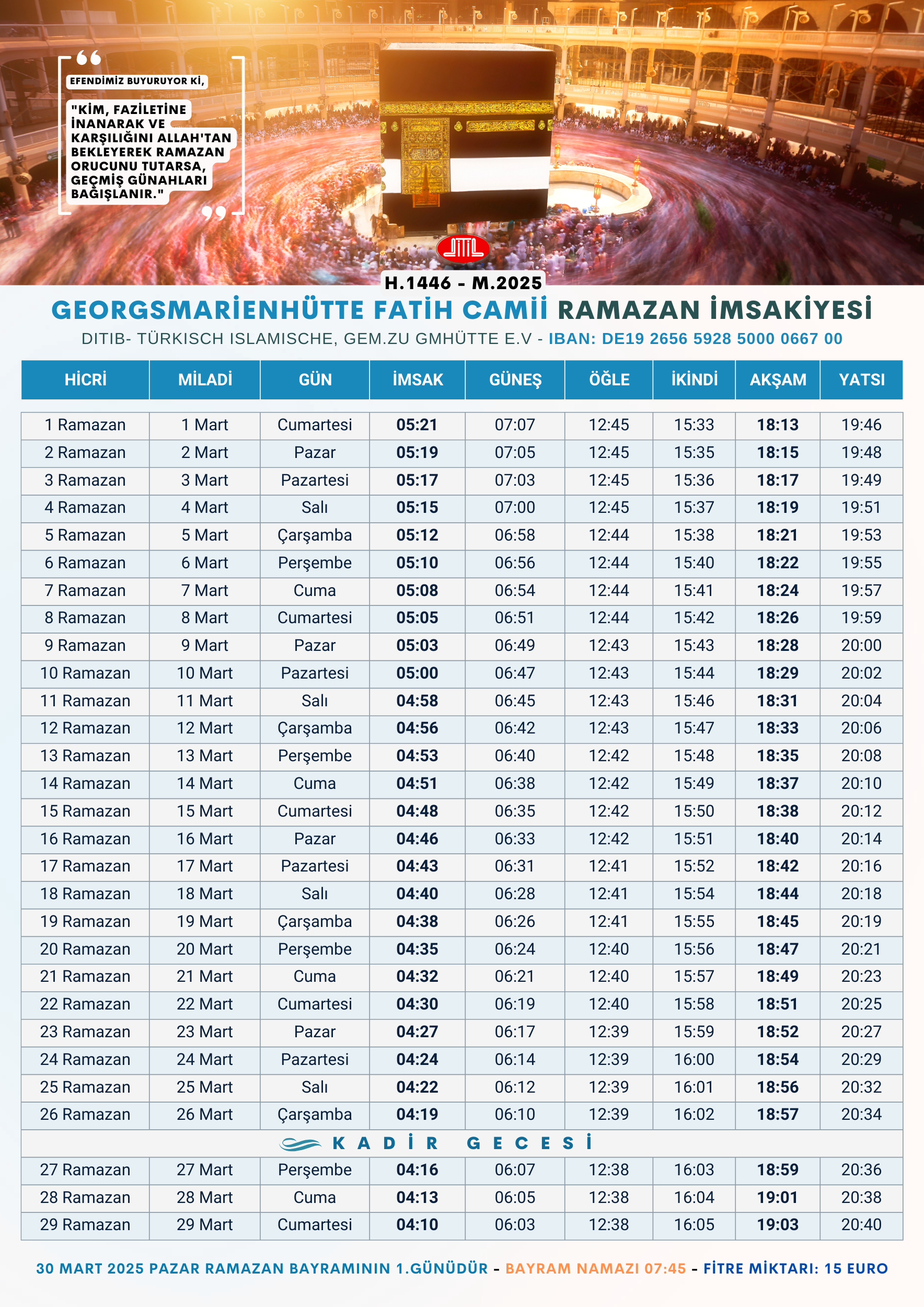 RAMAZAN İMSAKİYESİ